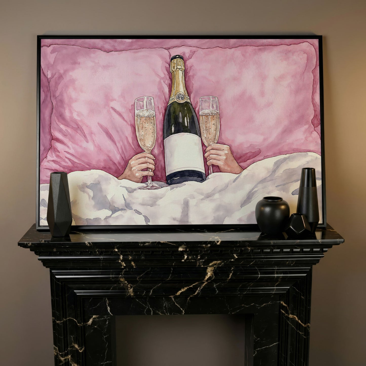 Champagne Toast Canvas Print in Blush and Gold in black floating frame