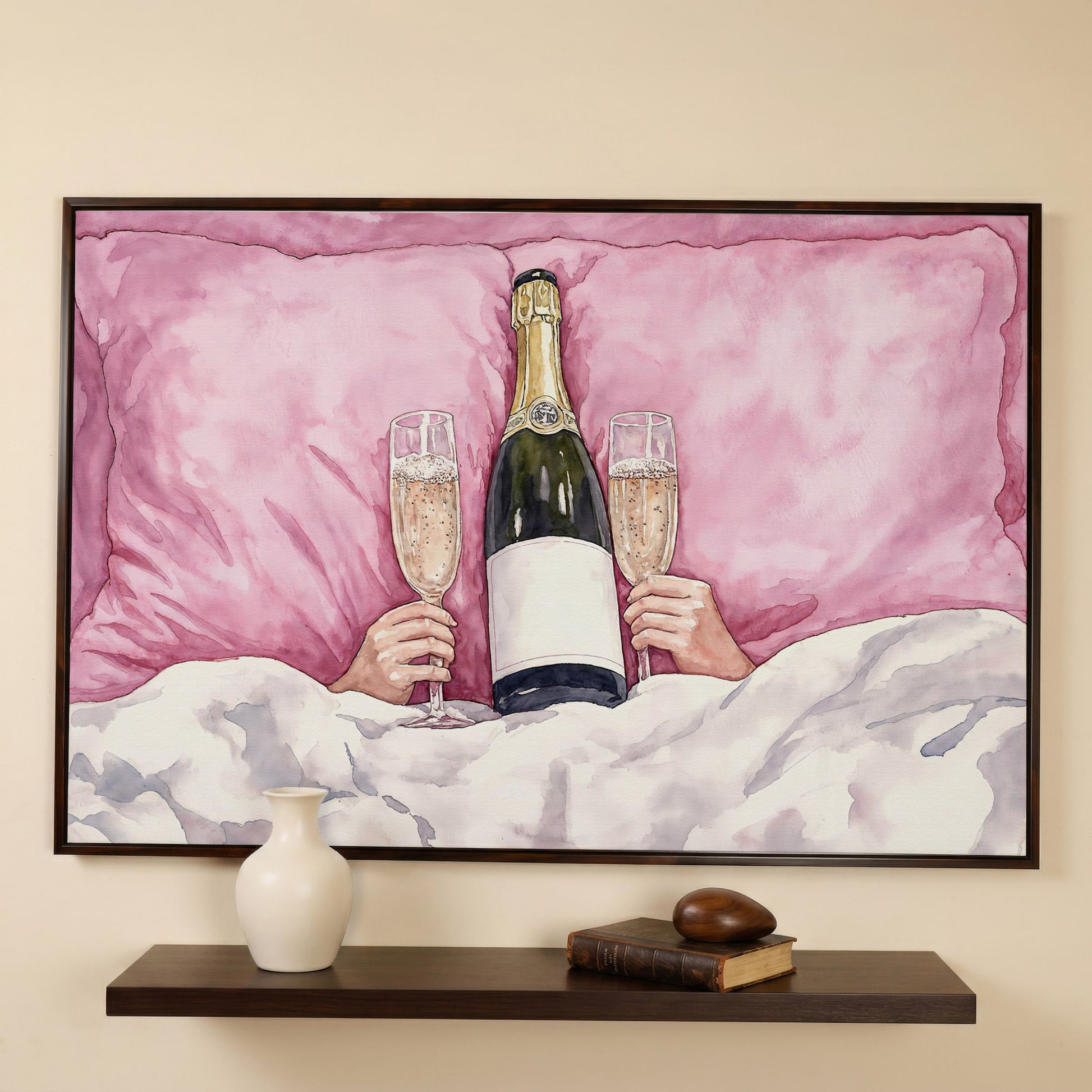 Champagne Toast Canvas Print in Blush and Gold in dark walnut floating frame