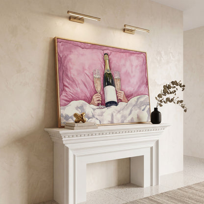 Champagne Toast Canvas Print in Blush and Gold in white oak floating frame