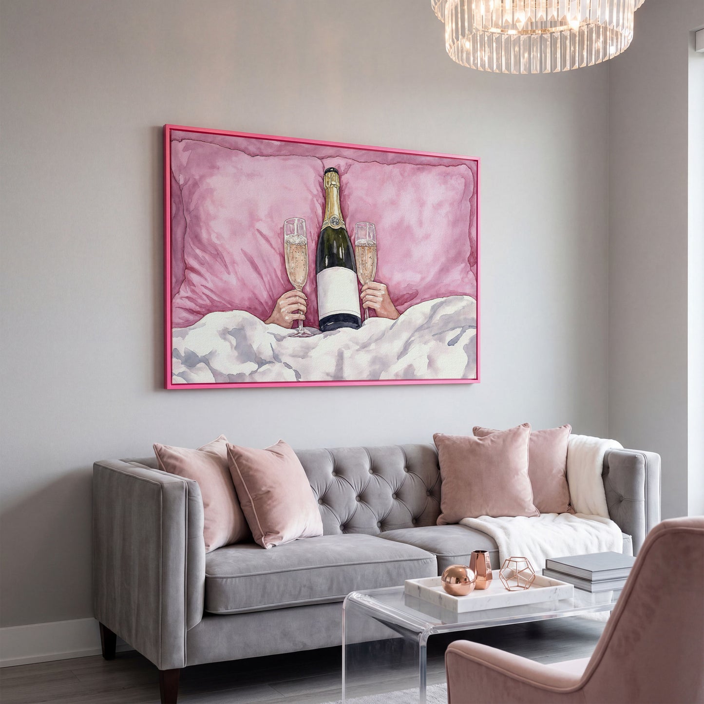Champagne Toast Canvas Print in Blush and Gold in pink floating frame