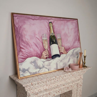 Champagne Toast Canvas Print in Blush and Gold in rose gold floating frame