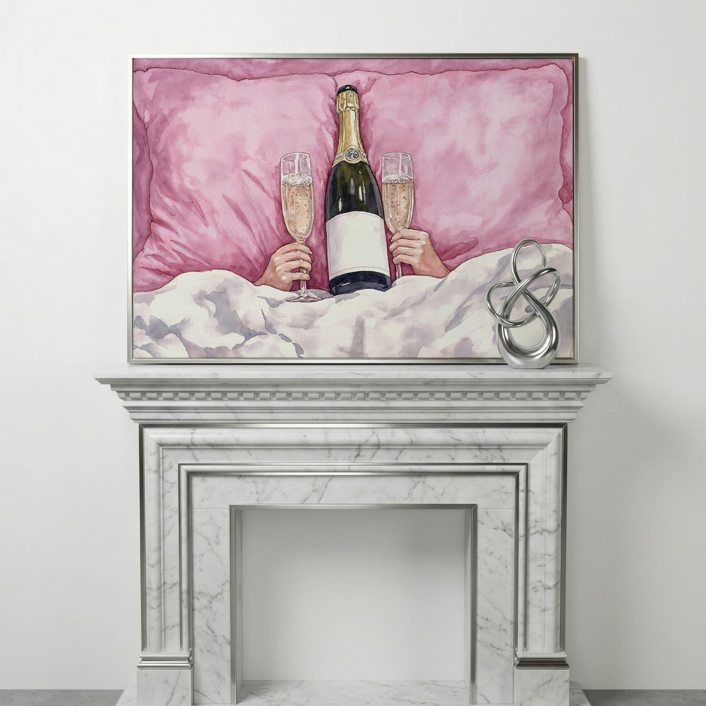 Champagne Toast Canvas Print in Blush and Gold in silver floating frame