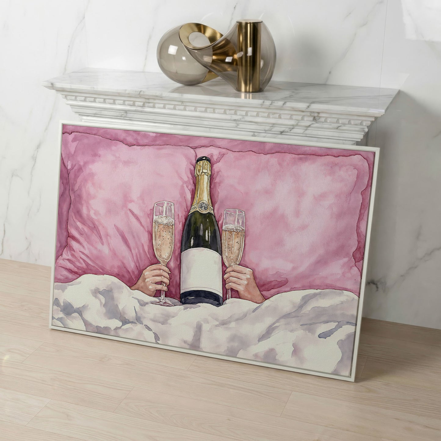 Champagne Toast Canvas Print in Blush and Gold in white floating frame