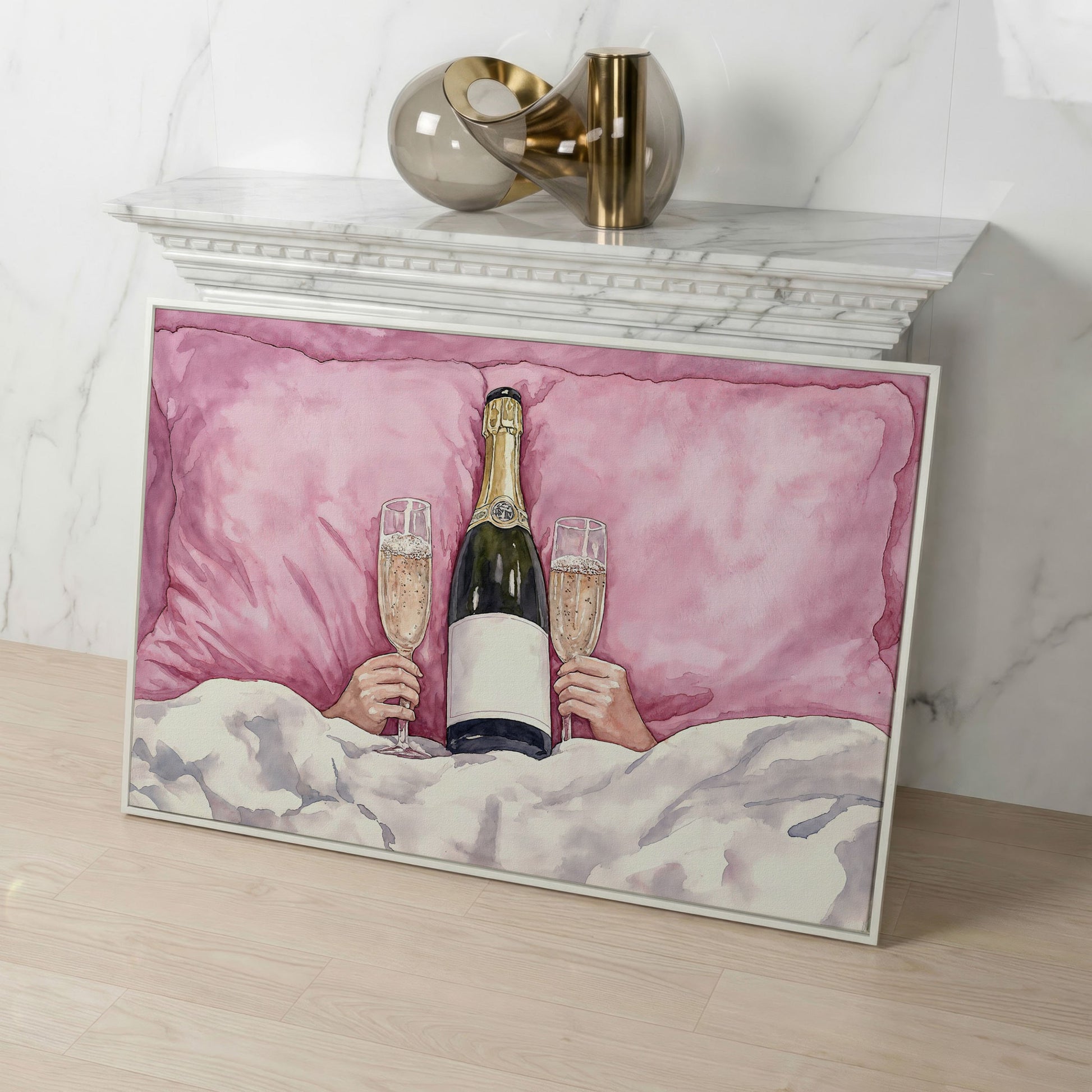 Champagne Toast Canvas Print in Blush and Gold in white floating frame