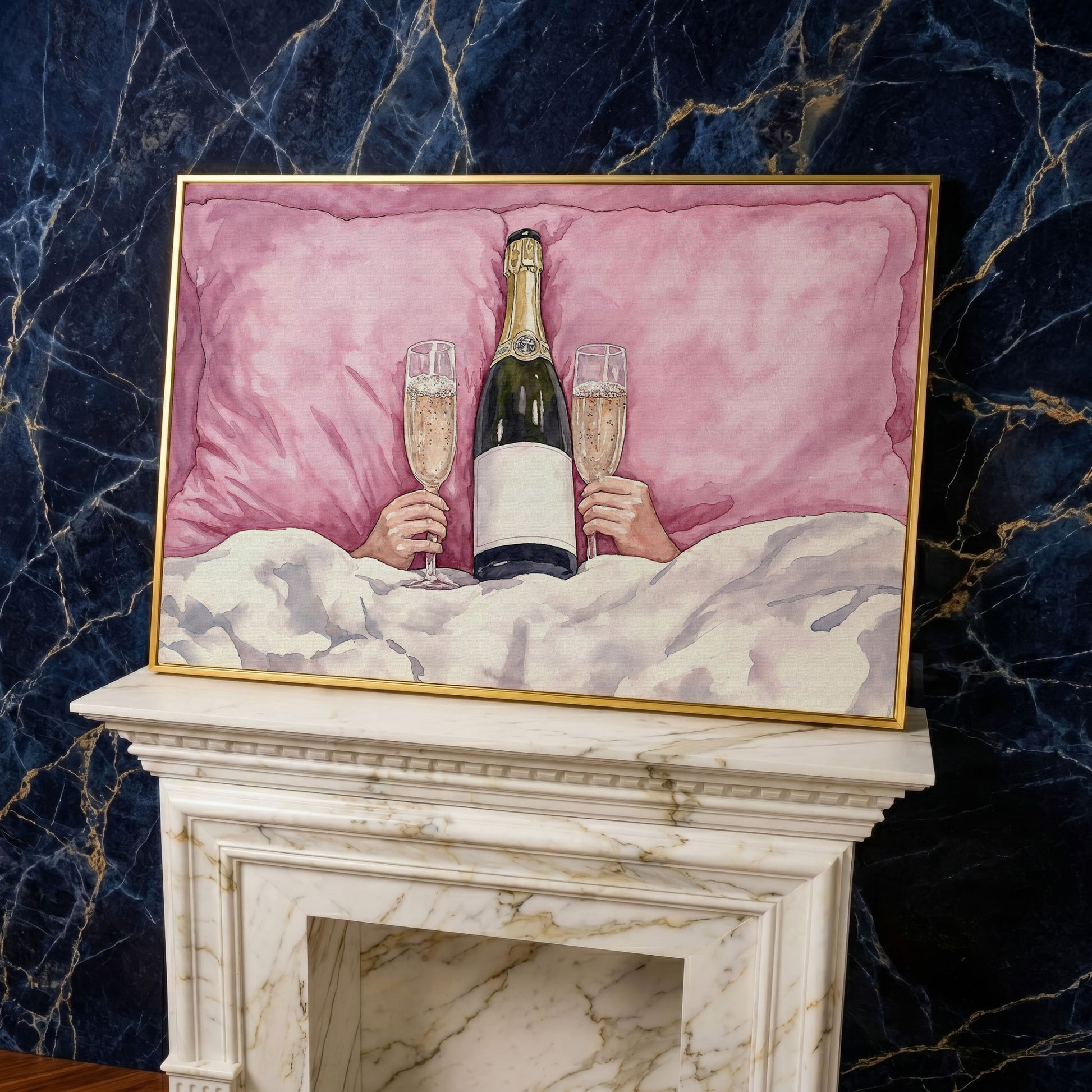 Champagne Toast Canvas Print in Blush and Gold in yellow gold floating frame