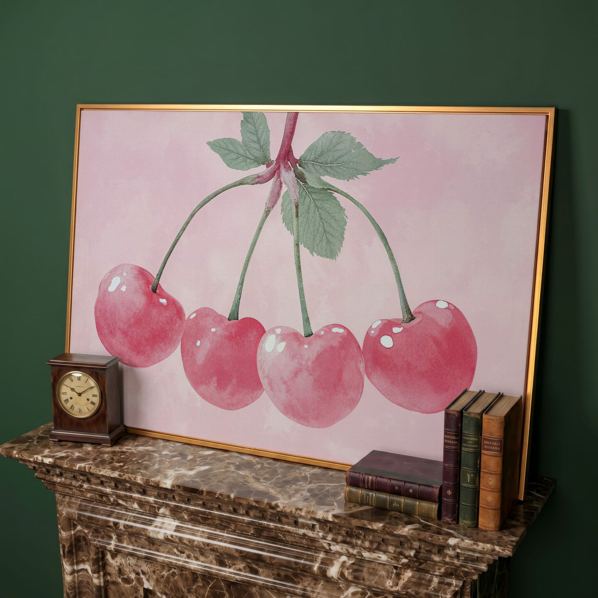 Cherry Pink Canvas Print with Sage Stems in antique gold floating frame