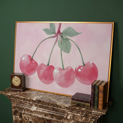 Cherry Pink Canvas Print with Sage Stems in antique gold floating frame