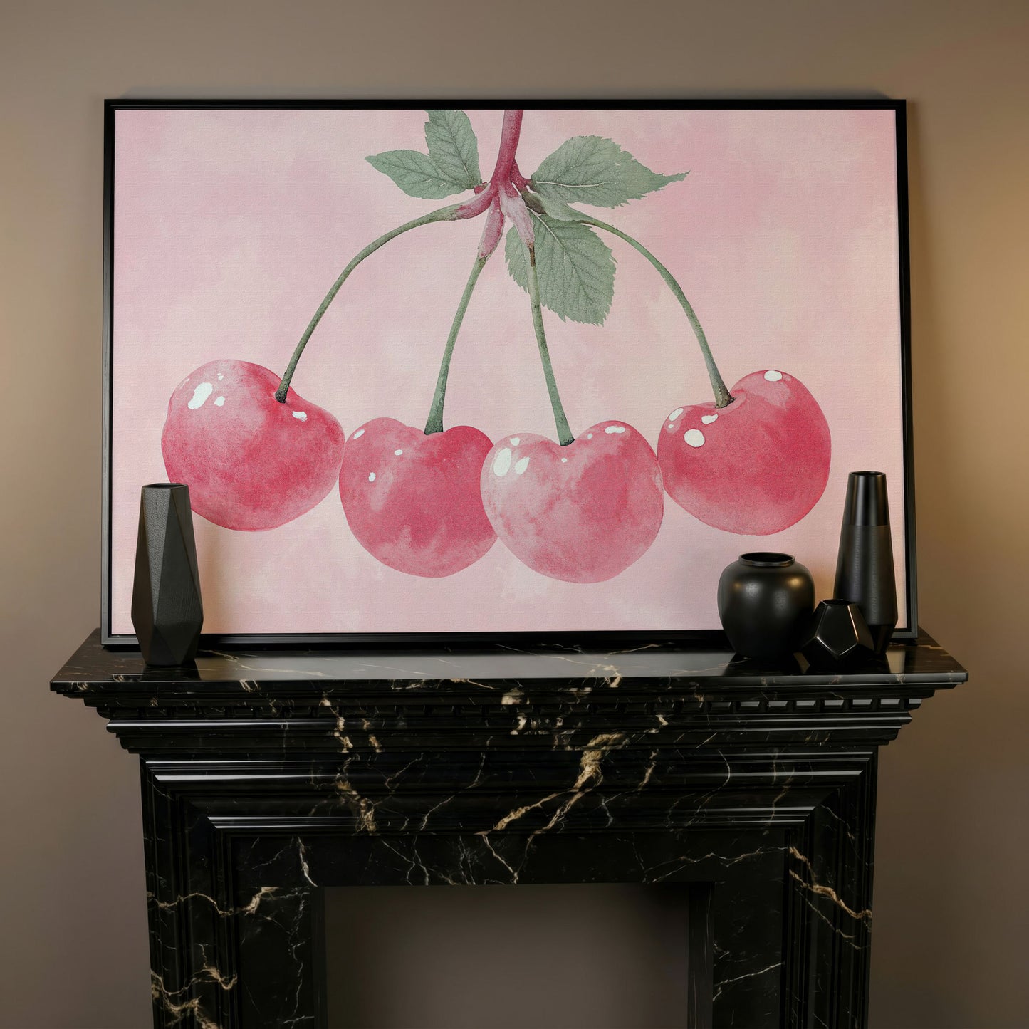 Cherry Pink Canvas Print with Sage Stems in black floating frame