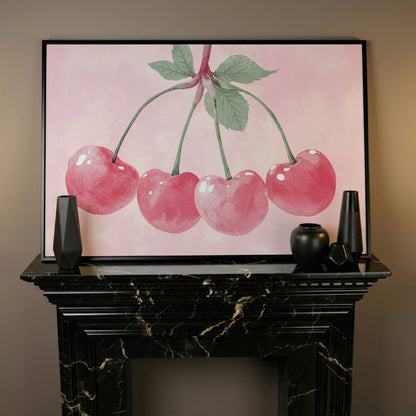 Cherry Pink Canvas Print with Sage Stems in black floating frame