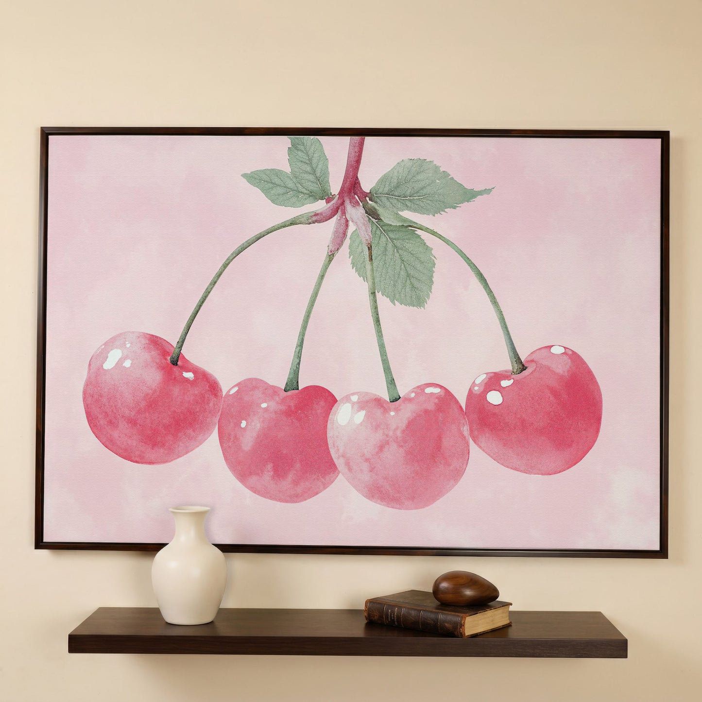 Cherry Pink Canvas Print with Sage Stems in dark walnut floating frame