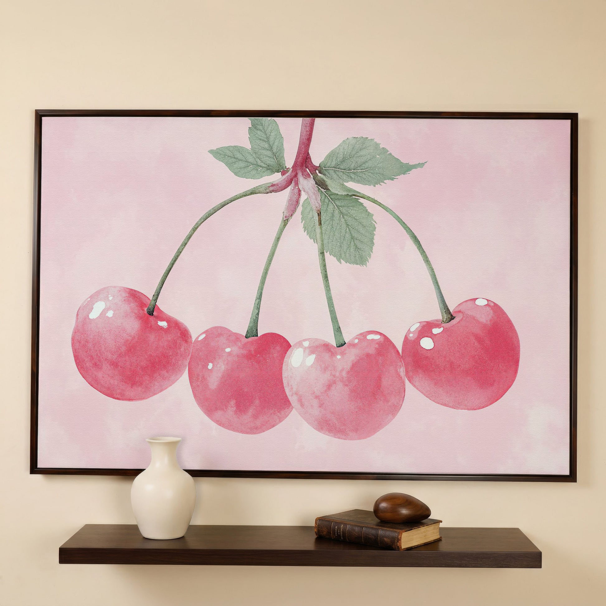 Cherry Pink Canvas Print with Sage Stems in dark walnut floating frame