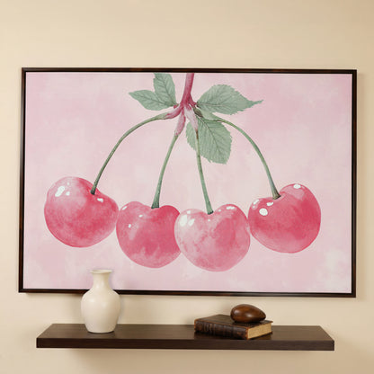 Cherry Pink Canvas Print with Sage Stems in dark walnut floating frame