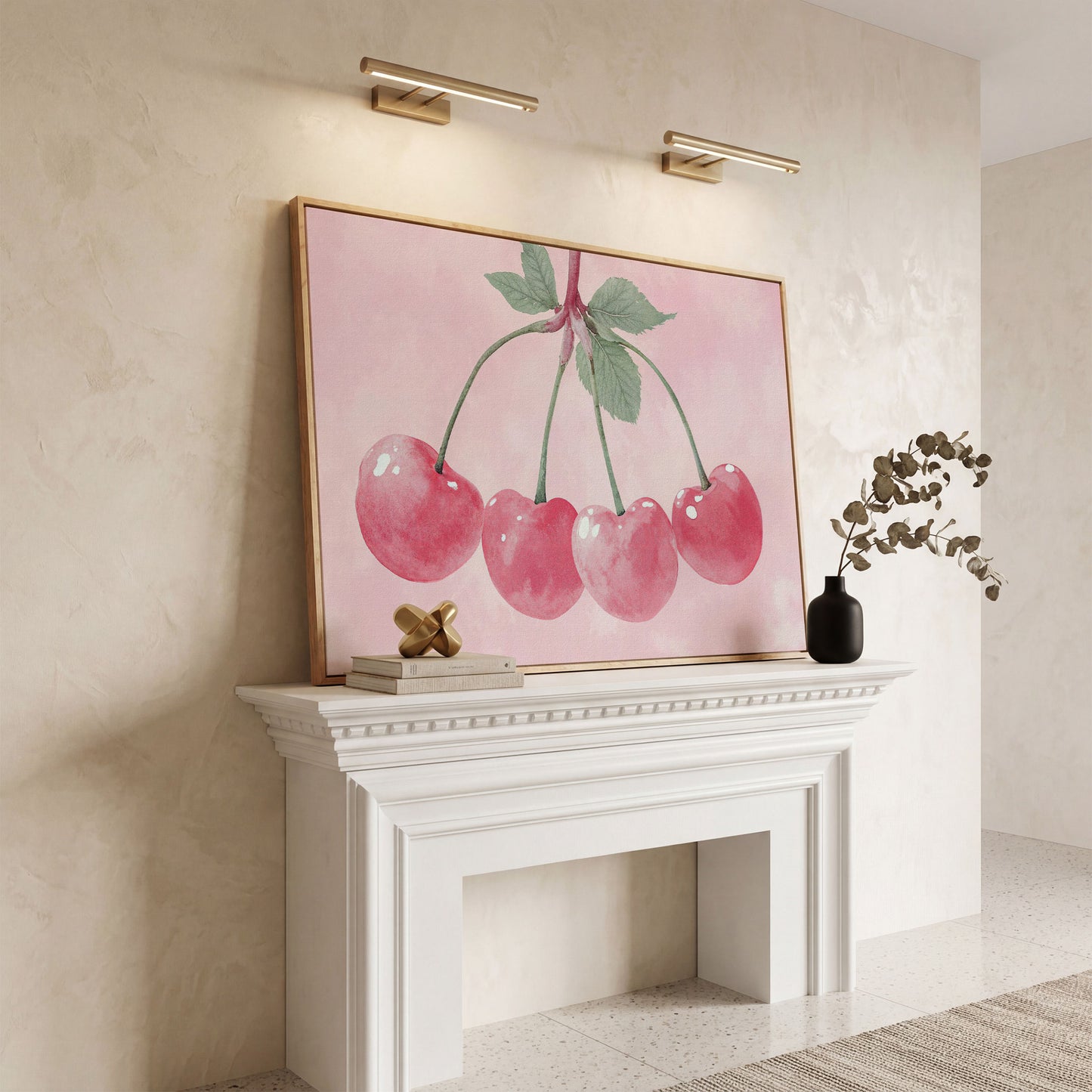 Cherry Pink Canvas Print with Sage Stems in white oak floating frame