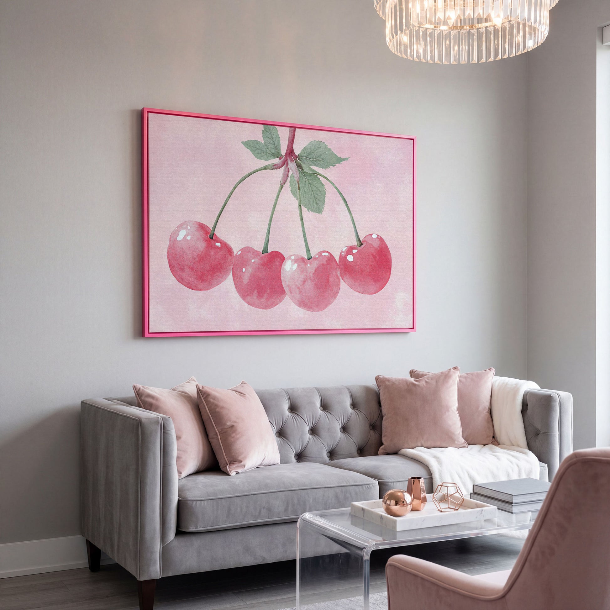 Cherry Pink Canvas Print with Sage Stems in pink floating frame
