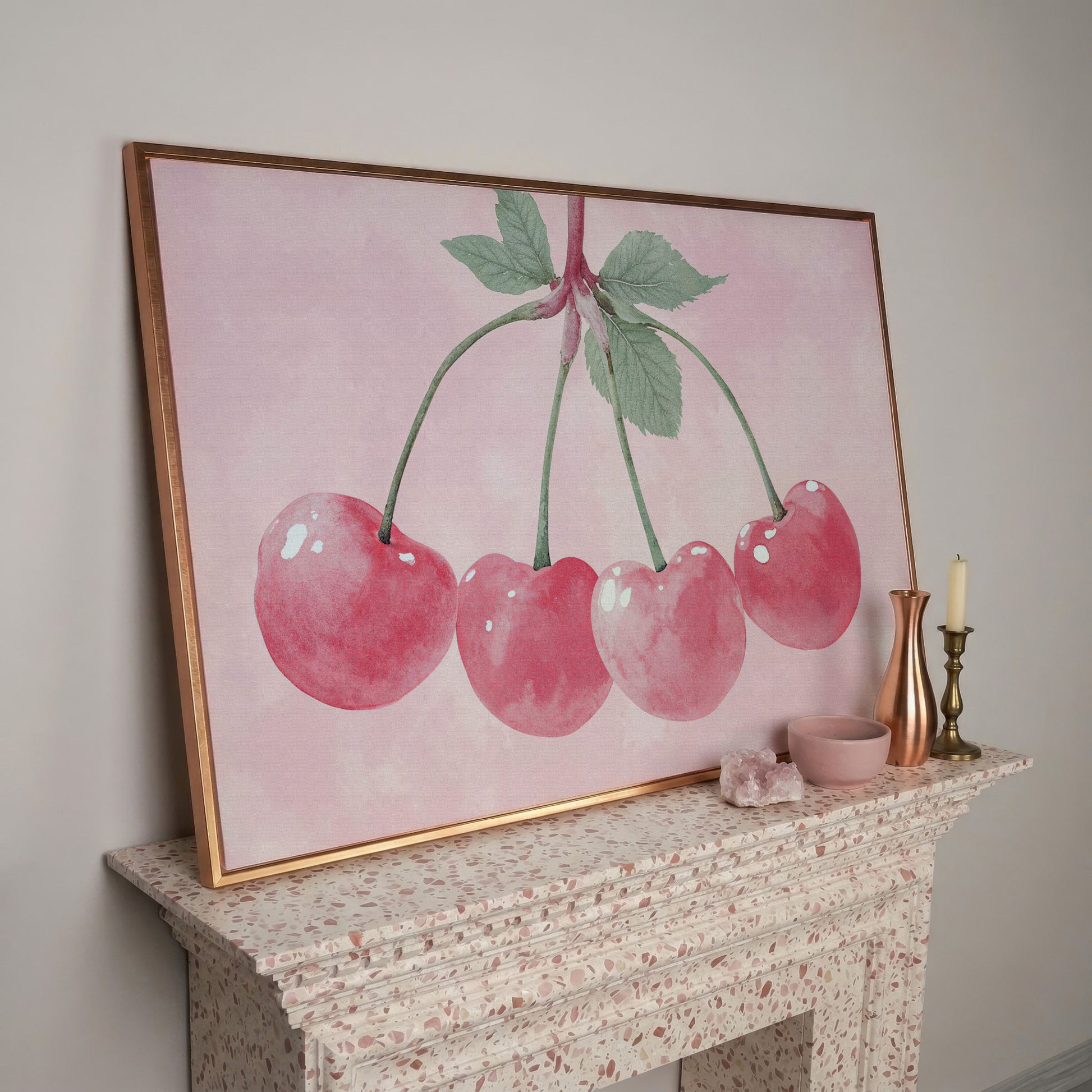 Cherry Pink Canvas Print with Sage Stems in rose gold floating frame