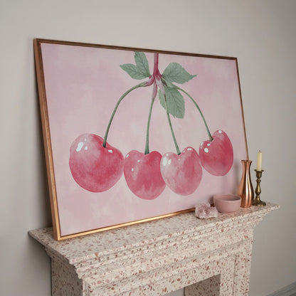 Cherry Pink Canvas Print with Sage Stems in rose gold floating frame