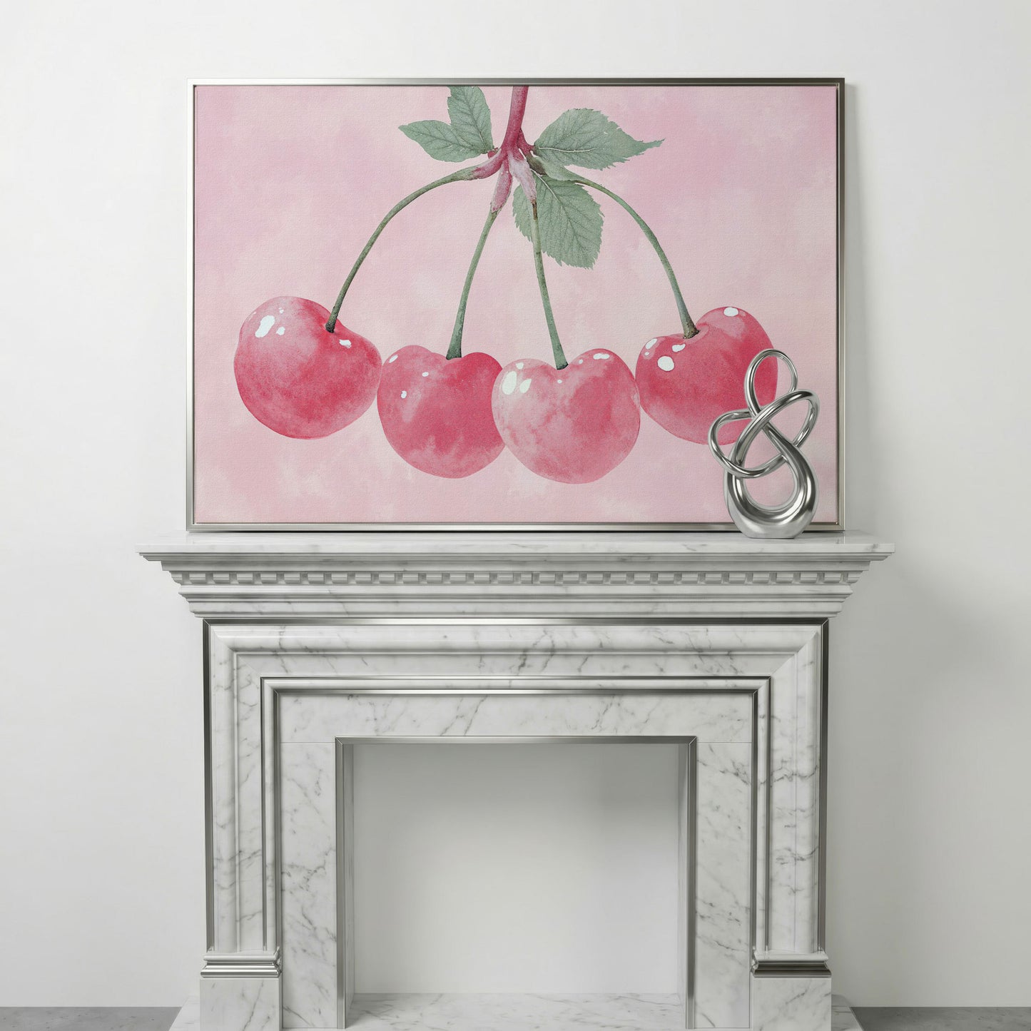 Cherry Pink Canvas Print with Sage Stems in silver floating frame