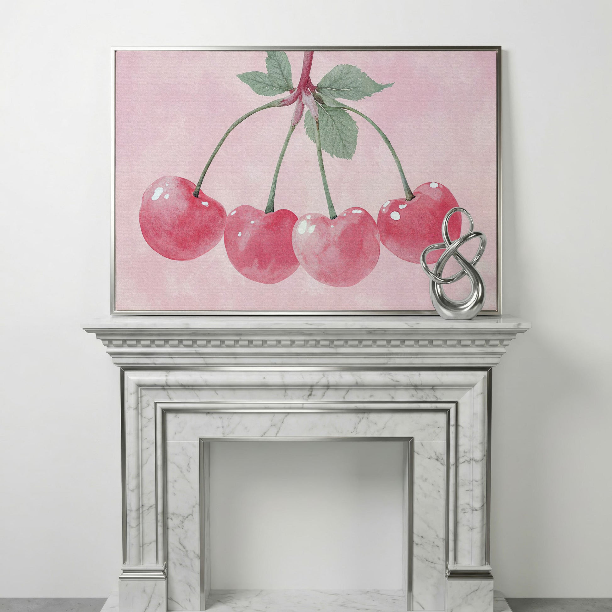 Cherry Pink Canvas Print with Sage Stems in silver floating frame