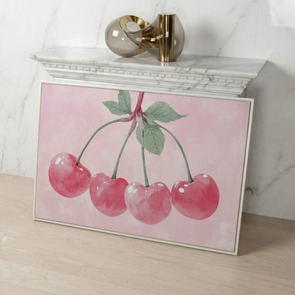 Cherry Pink Canvas Print with Sage Stems in white floating frame