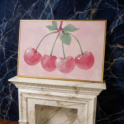 Cherry Pink Canvas Print with Sage Stems in yellow gold floating frame