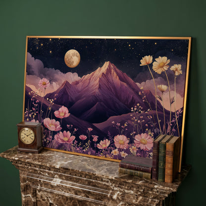 Mystical Pink Mountain Landscape with Wildflowers Canvas in antique gold floating frame