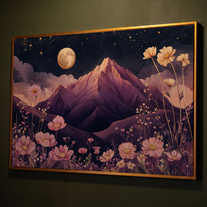 Mystical Pink Mountain Landscape with Wildflowers Canvas shown in antique gold floating frame
