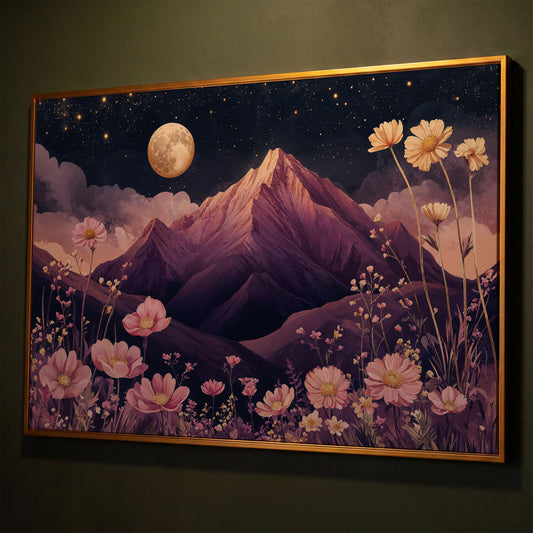 Mystical Pink Mountain Landscape with Wildflowers Canvas shown in antique gold floating frame