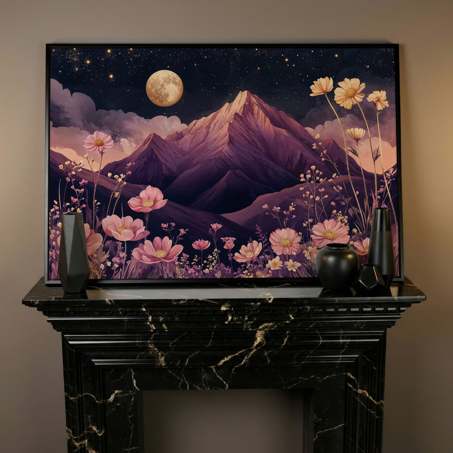 Mystical Pink Mountain Landscape with Wildflowers Canvas in black floating frame