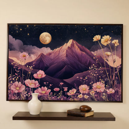 Mystical Pink Mountain Landscape with Wildflowers Canvas in dark walnut floating frame