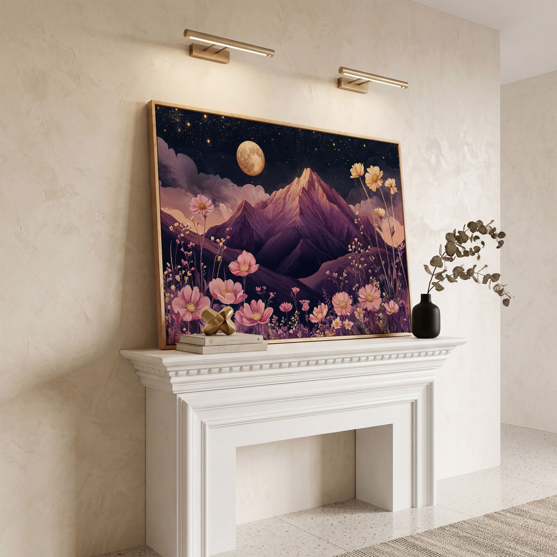 Mystical Pink Mountain Landscape with Wildflowers Canvas in white oak floating frame