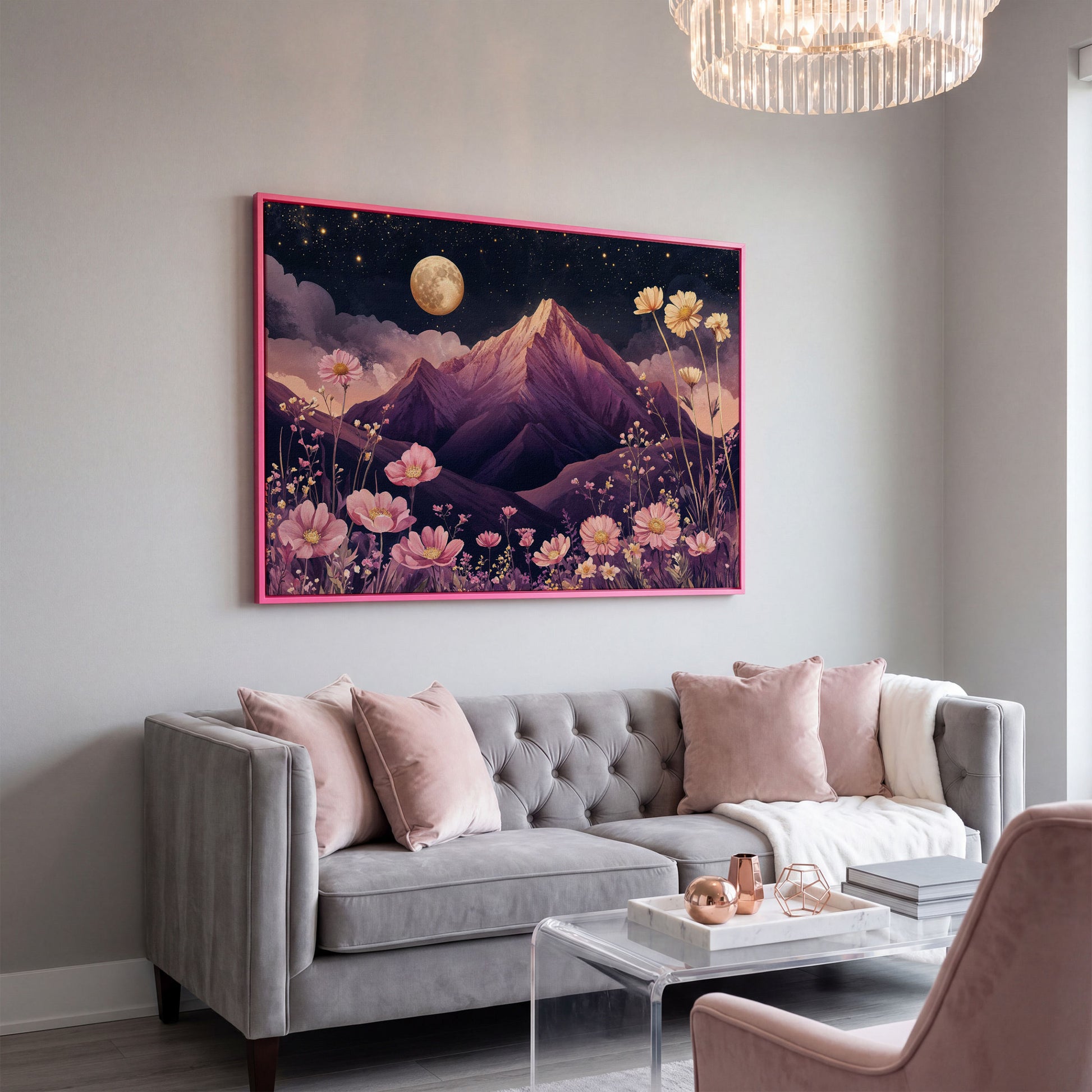 Mystical Pink Mountain Landscape with Wildflowers Canvas in pink floating frame