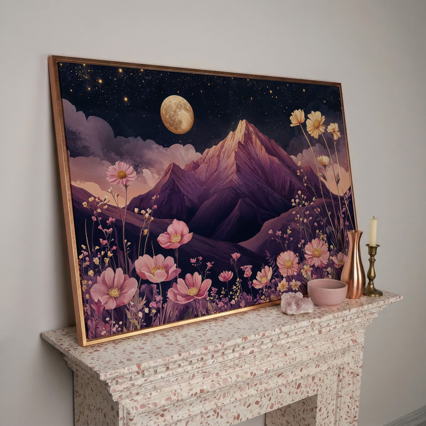 Mystical Pink Mountain Landscape with Wildflowers Canvas in rose gold floating frame