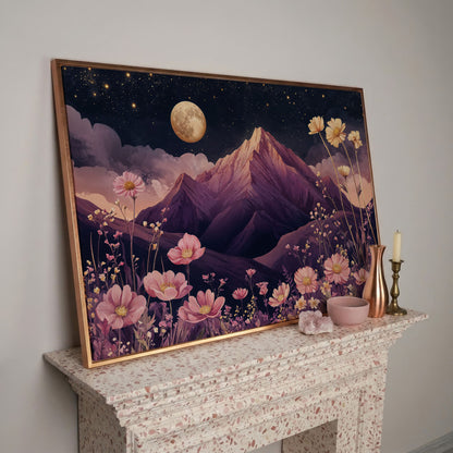 Mystical Pink Mountain Landscape with Wildflowers Canvas in rose gold floating frame