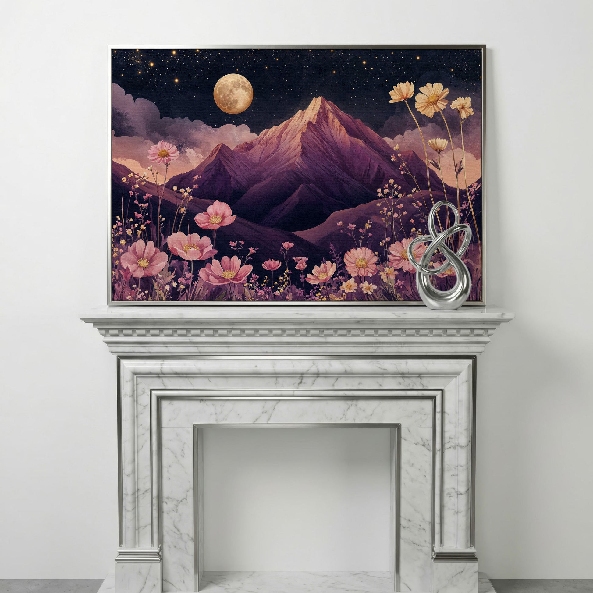 Mystical Pink Mountain Landscape with Wildflowers Canvas in silver floating frame