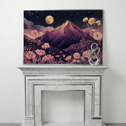 Mystical Pink Mountain Landscape with Wildflowers Canvas in silver floating frame