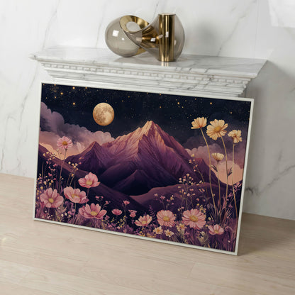 Mystical Pink Mountain Landscape with Wildflowers Canvas in white floating frame