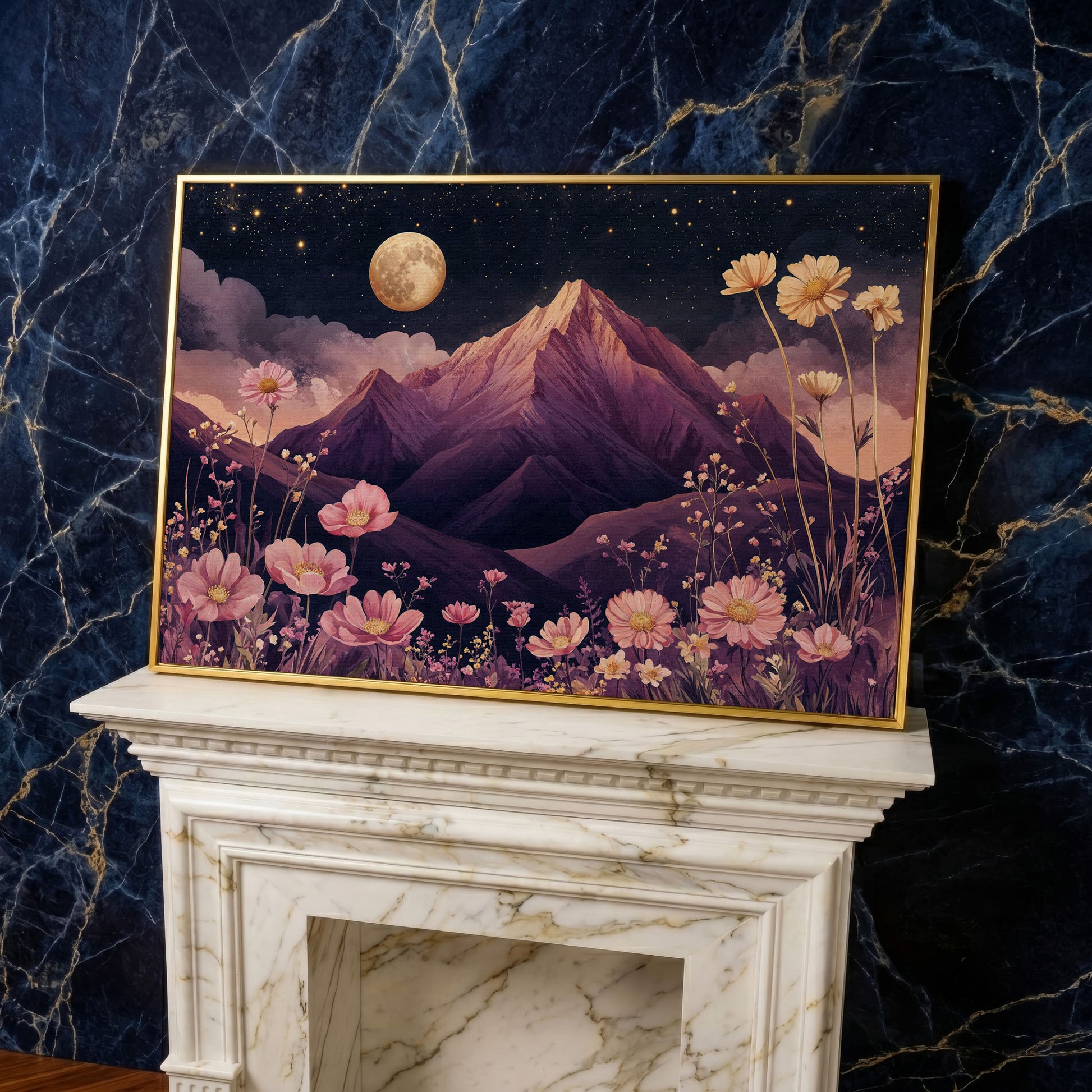 Mystical Pink Mountain Landscape with Wildflowers Canvas in yellow gold floating frame