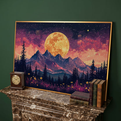 Pink Starry Moonlit Mountain Landscape Canvas in antique gold floating frame
