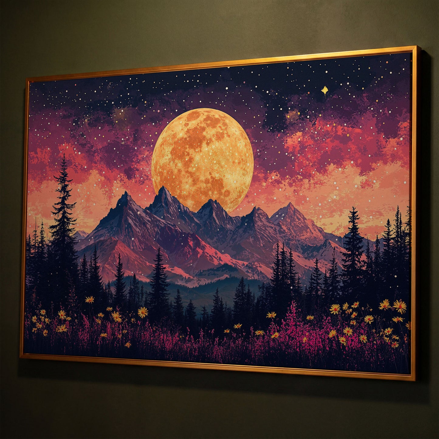 Pink Starry Moonlit Mountain Landscape Canvas shown in antique gold floating frame