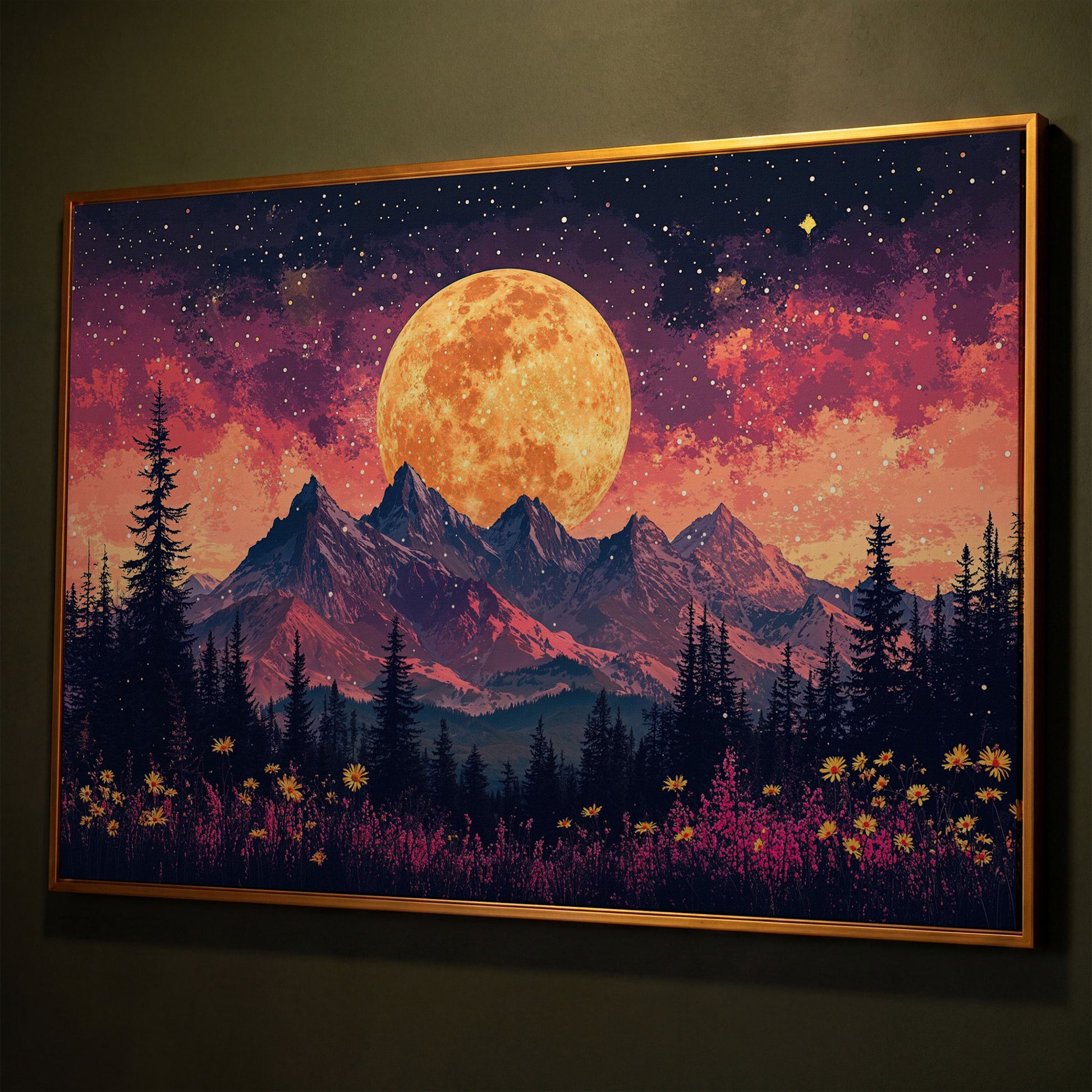 Pink Starry Moonlit Mountain Landscape Canvas shown in antique gold floating frame