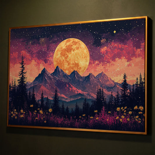 Pink Starry Moonlit Mountain Landscape Canvas shown in antique gold floating frame