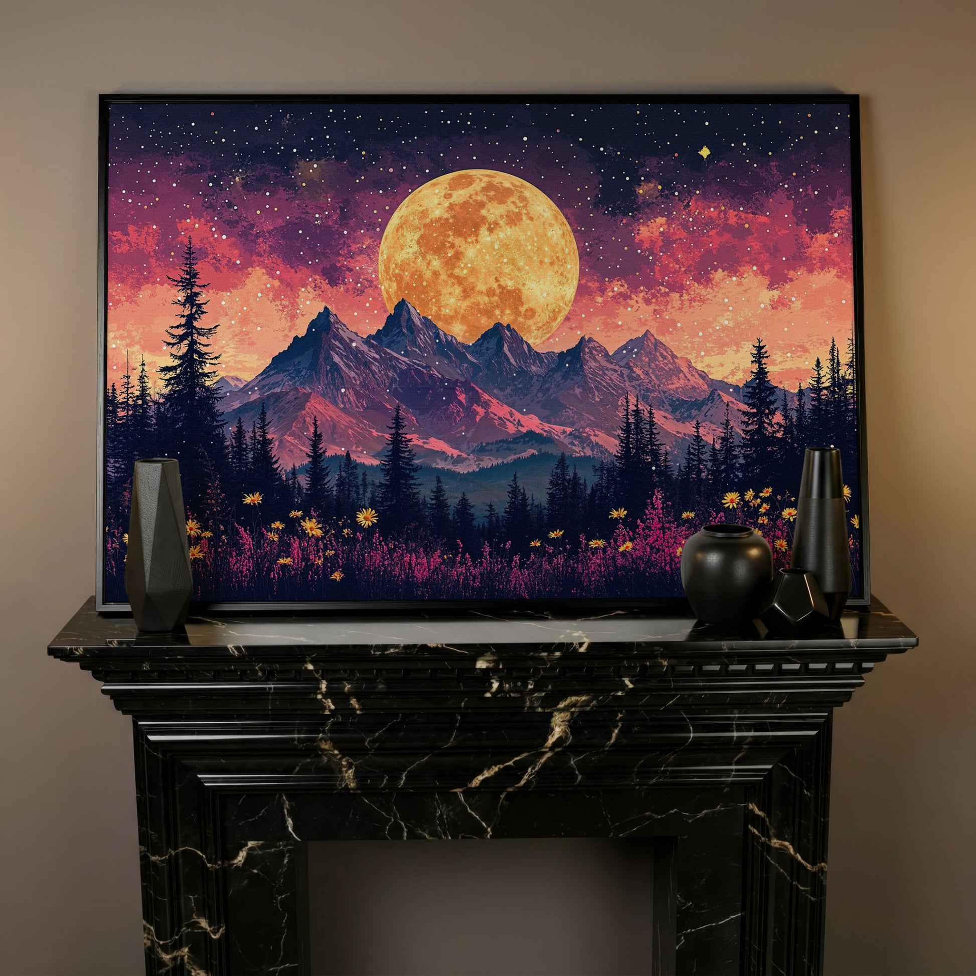 Pink Starry Moonlit Mountain Landscape Canvas in black floating frame
