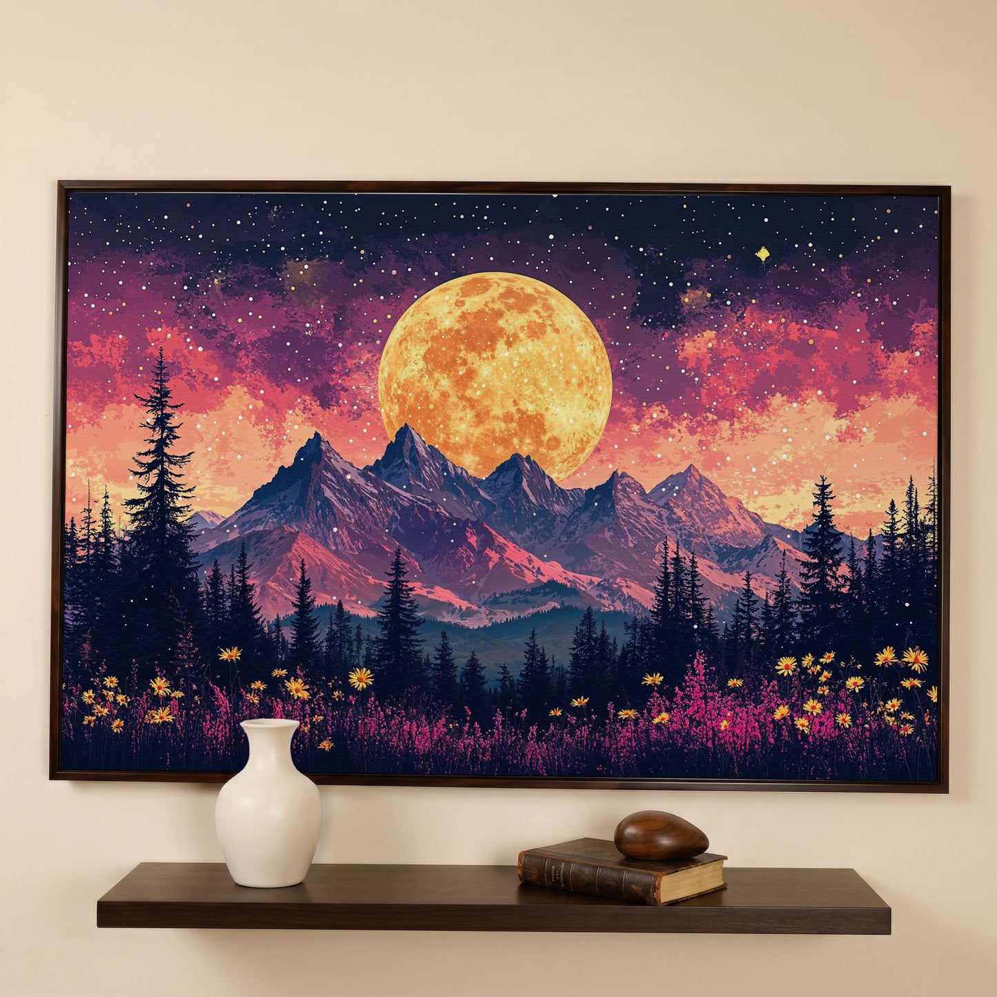 Pink Starry Moonlit Mountain Landscape Canvas in dark walnut floating frame