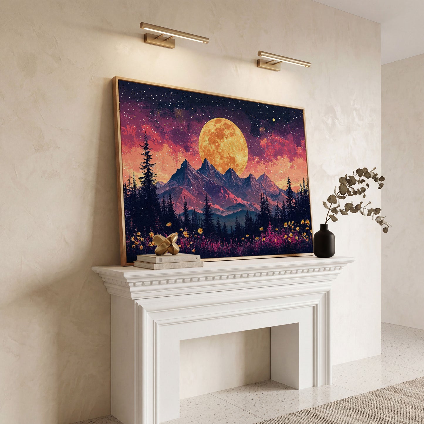 Pink Starry Moonlit Mountain Landscape Canvas in white oak floating frame