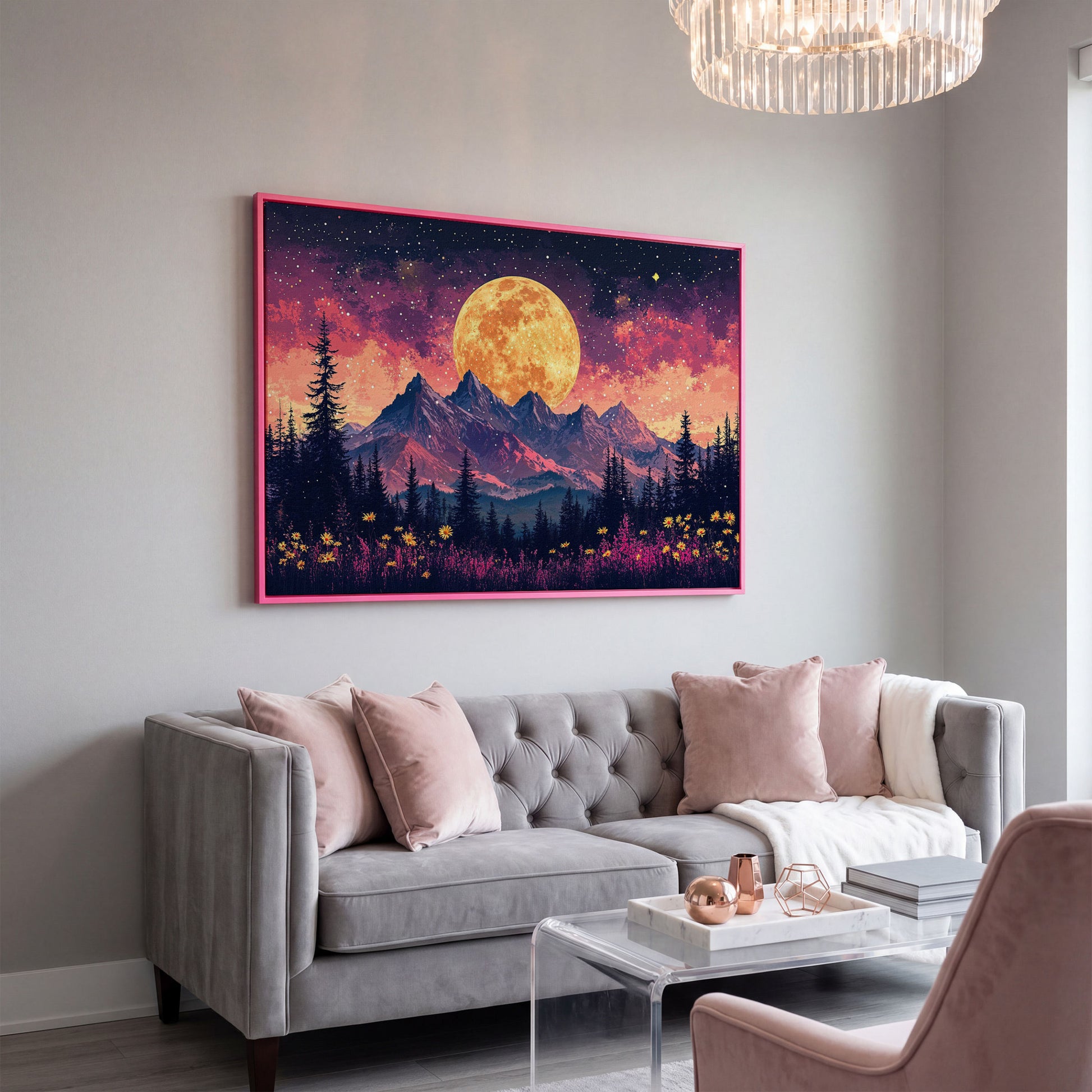 Pink Starry Moonlit Mountain Landscape Canvas in pink floating frame