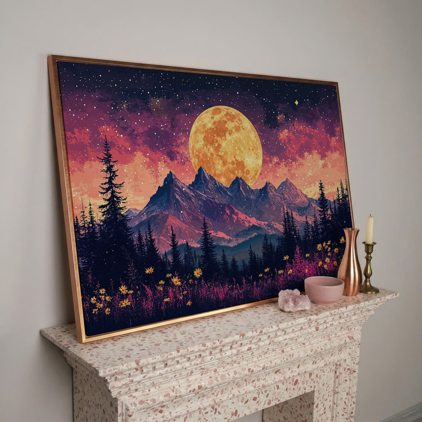 Pink Starry Moonlit Mountain Landscape Canvas in rose gold floating frame