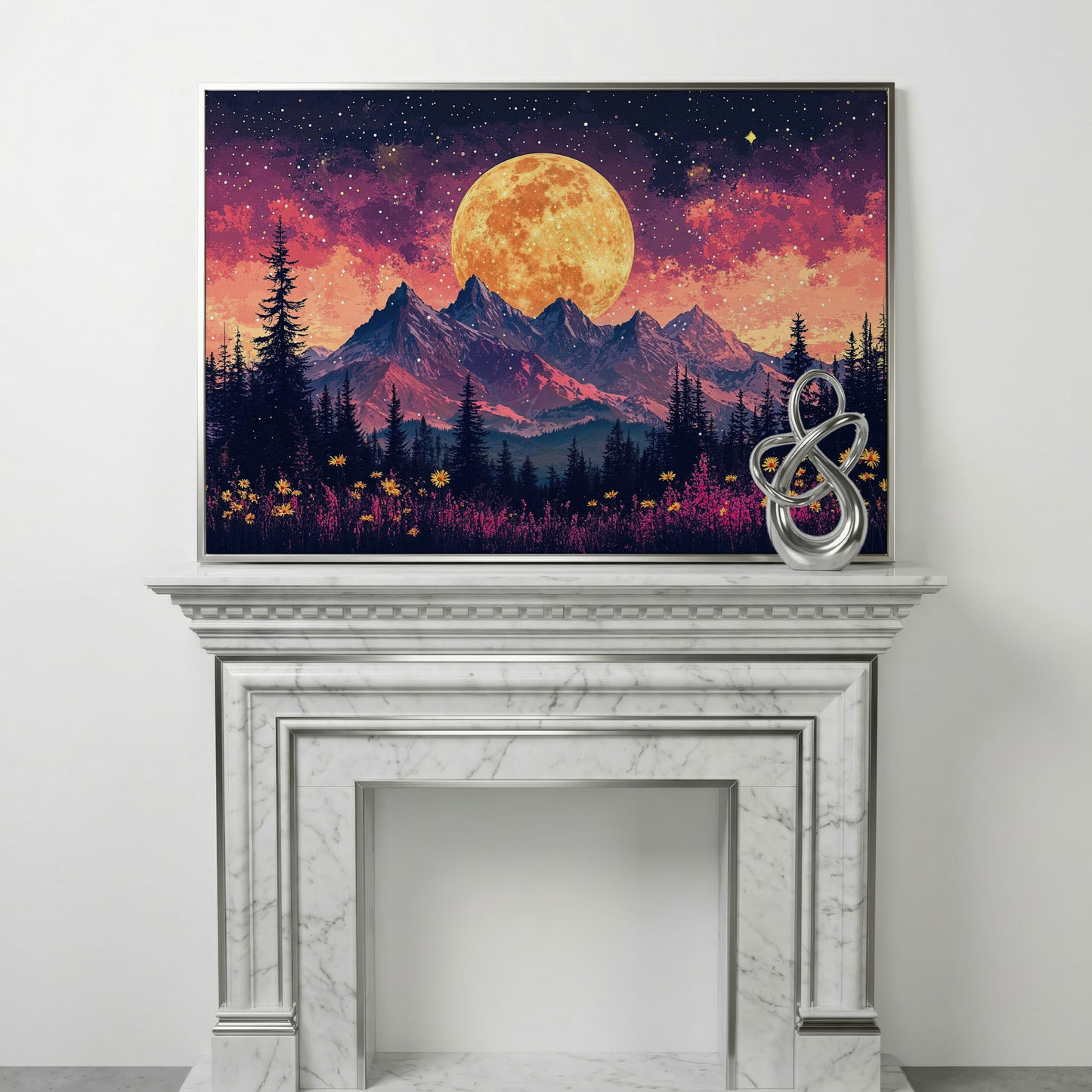 Pink Starry Moonlit Mountain Landscape Canvas in silver floating frame