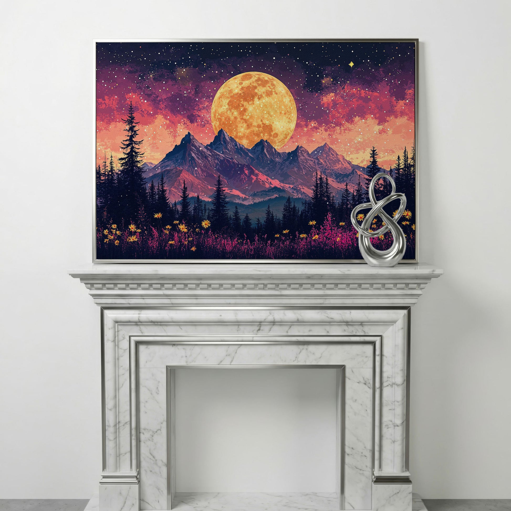 Pink Starry Moonlit Mountain Landscape Canvas in silver floating frame