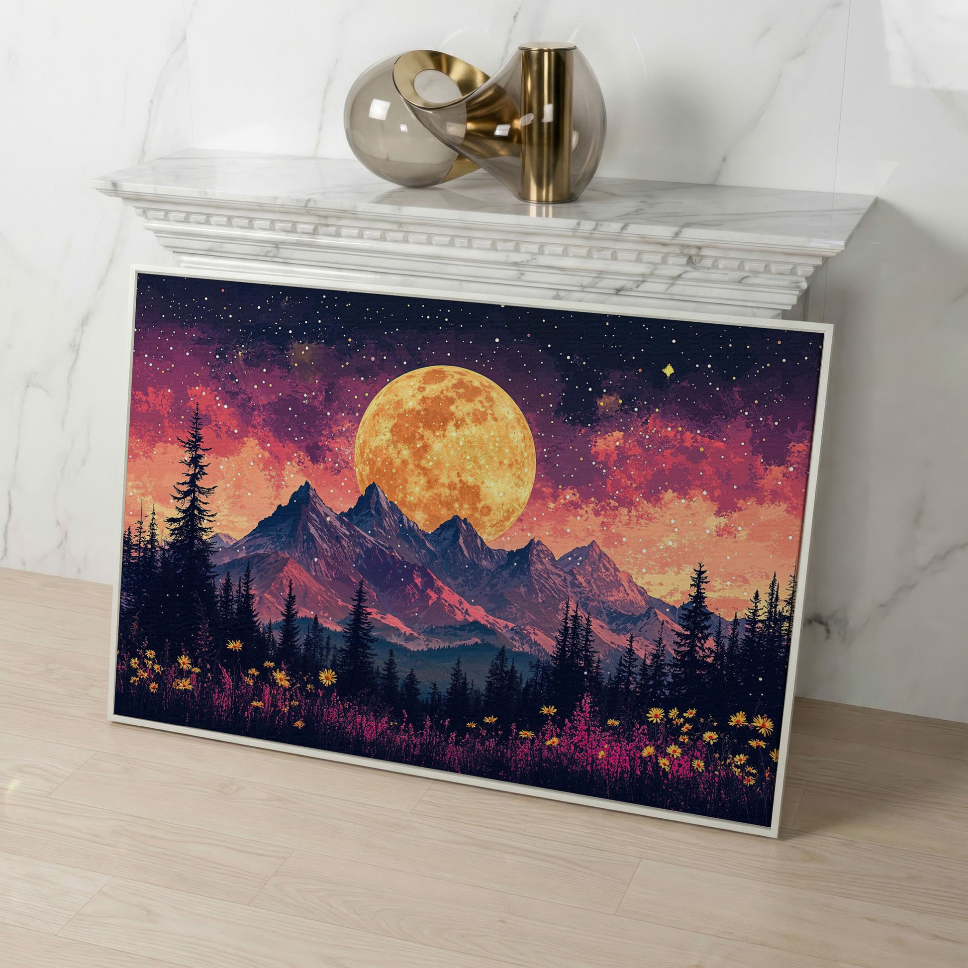 Pink Starry Moonlit Mountain Landscape Canvas in white floating frame