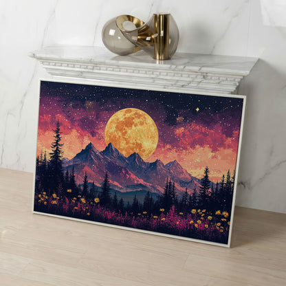 Pink Starry Moonlit Mountain Landscape Canvas in white floating frame